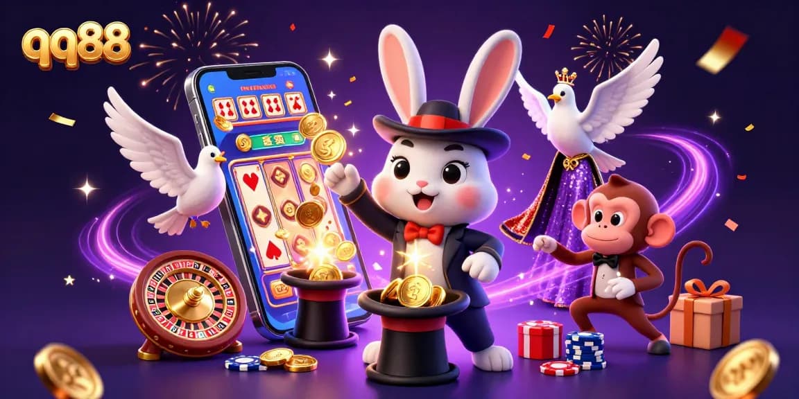 Engage with the thrilling world of qq88 as a magician rabbit conjures coins, a dove assists, and a monkey steals poker chips in this vibrant casino scene.