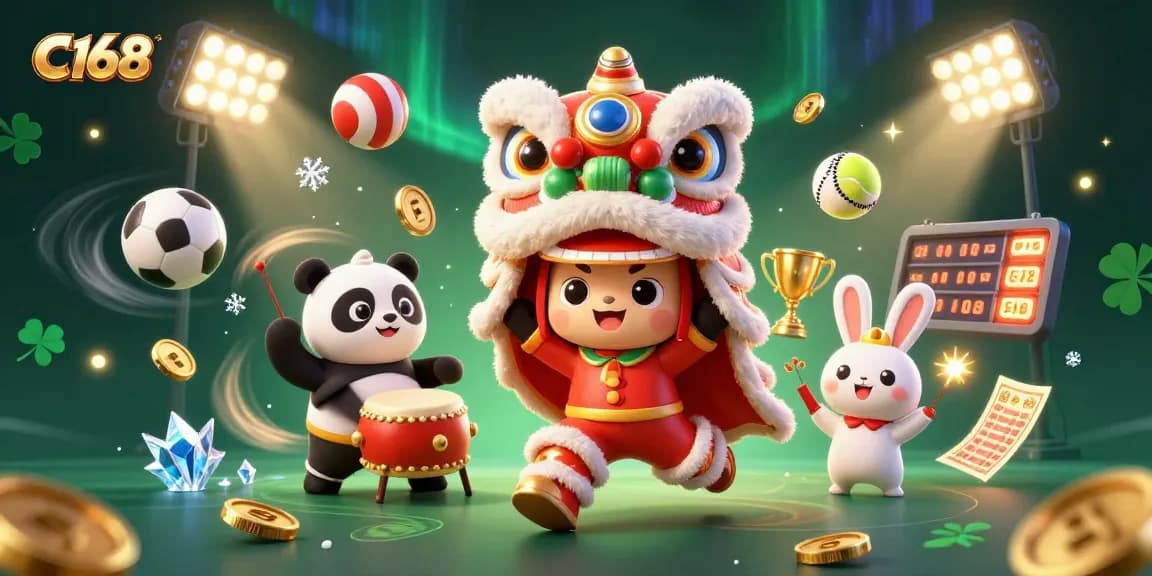 C168 celebrates winning moments in a vibrant casino scene with a lion dance and dynamic sports elements.