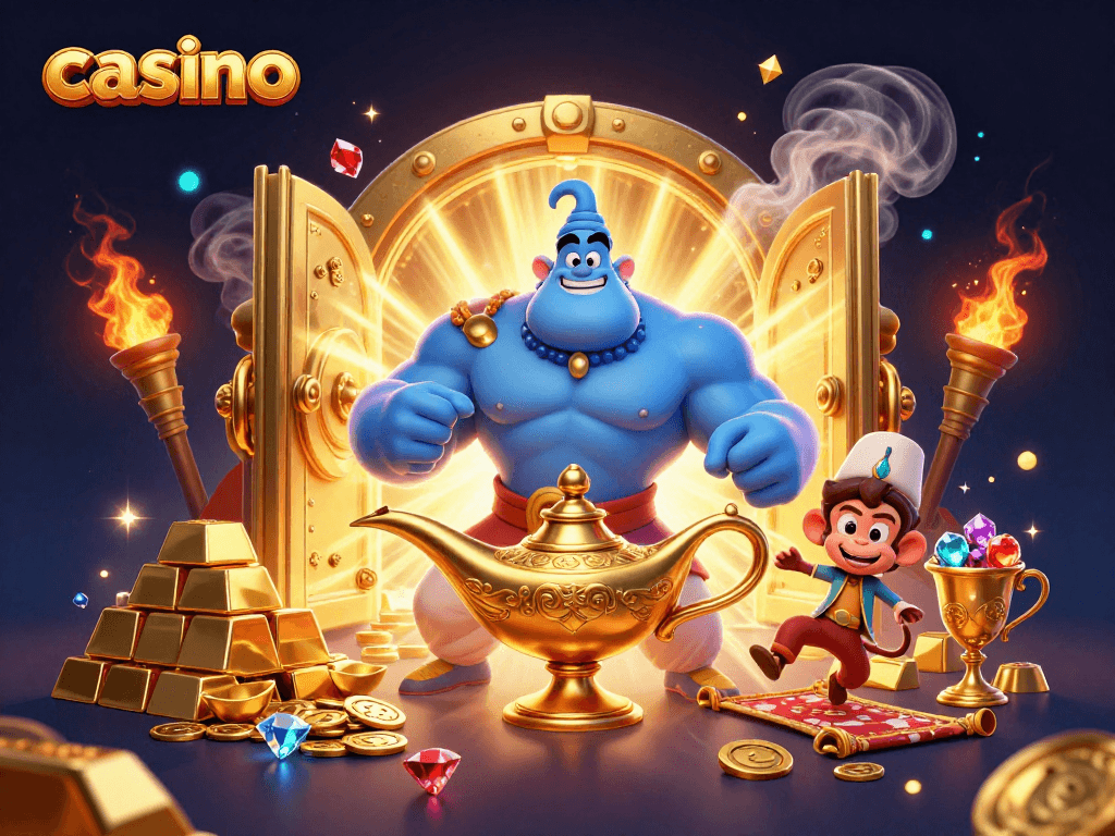 Engage in thrilling casino adventures as the muscular genie bursts out of the lamp, surrounded by treasures.