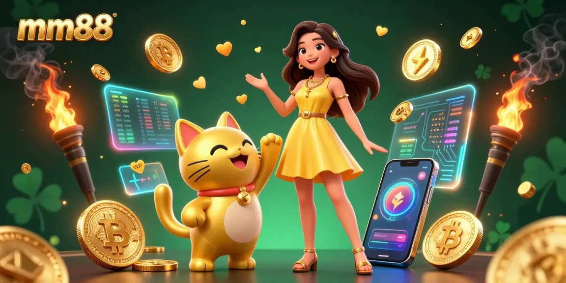 Experience the excitement of mm88 with a joyous interaction featuring a lucky cat and vibrant casino elements.