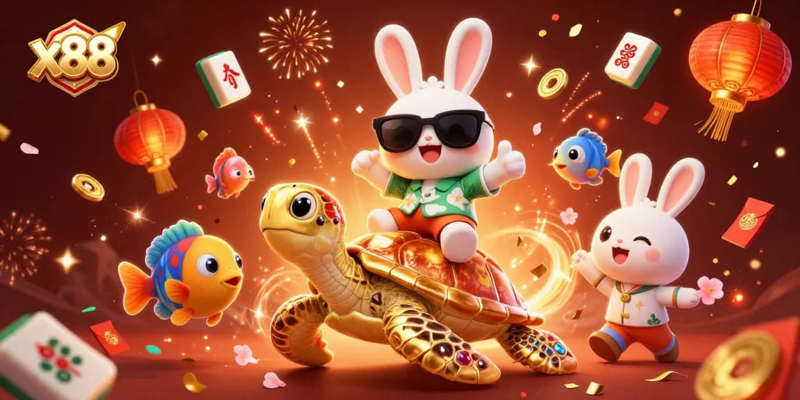 Celebrate with x88: a vibrant illustration of a lucky rabbit and golden turtle in a festive casino scene.
