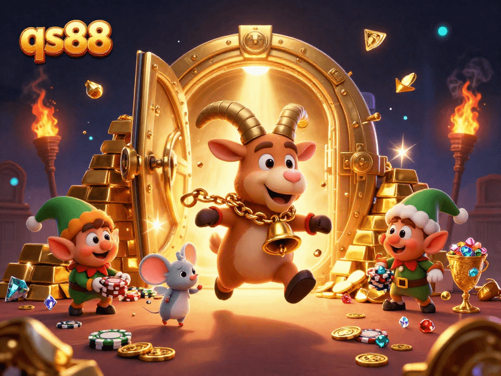 Experience the thrill of qs88 with a festive Krampus goat running a casino, surrounded by gold and jewels.