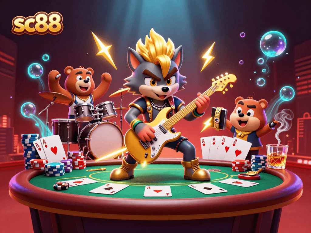 sc88 captures excitement with a rock star wolf and poker-themed bear on a vibrant stage