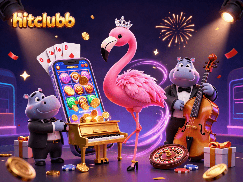 Experience lively entertainment at hitclubb with a vibrant casino scene featuring a flamingo singer and hippo bassist.