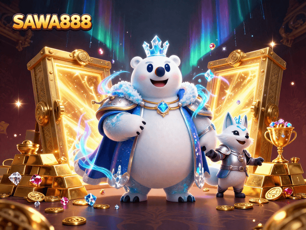 SAWA888 showcases a dynamic 3D scene with a polar bear king, highlighting treasures and excitement in gaming.