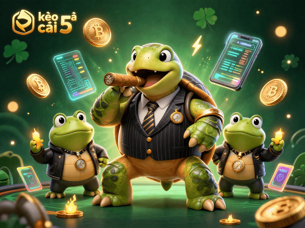 Engage with kèo nhà cái 5 in a vibrant 3D casino scene featuring dynamic crypto elements and charming characters.