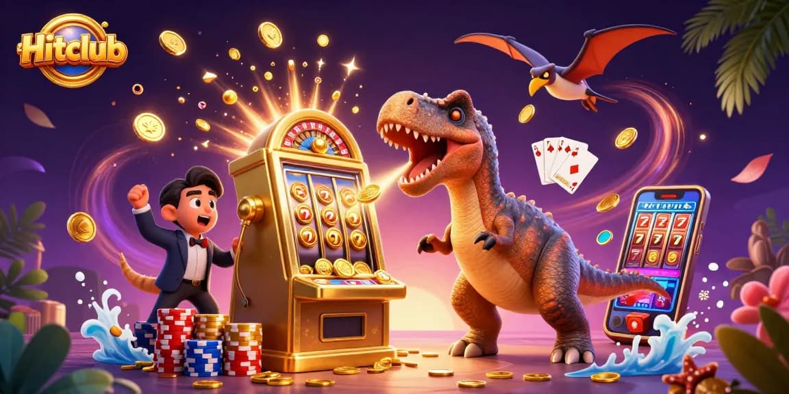 Hitclub celebrates wins in a vibrant 3D casino scene with dynamic jackpots and colorful coins.