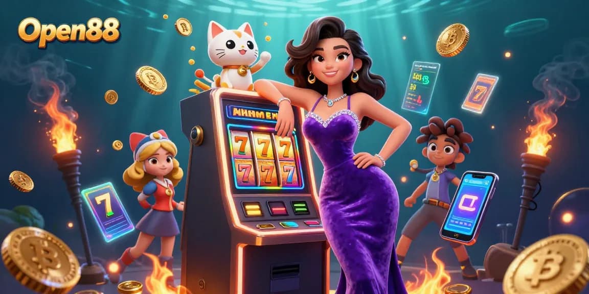 Open88 casino features a glamorous woman winning at slots with a waving fortune cat mascot.
