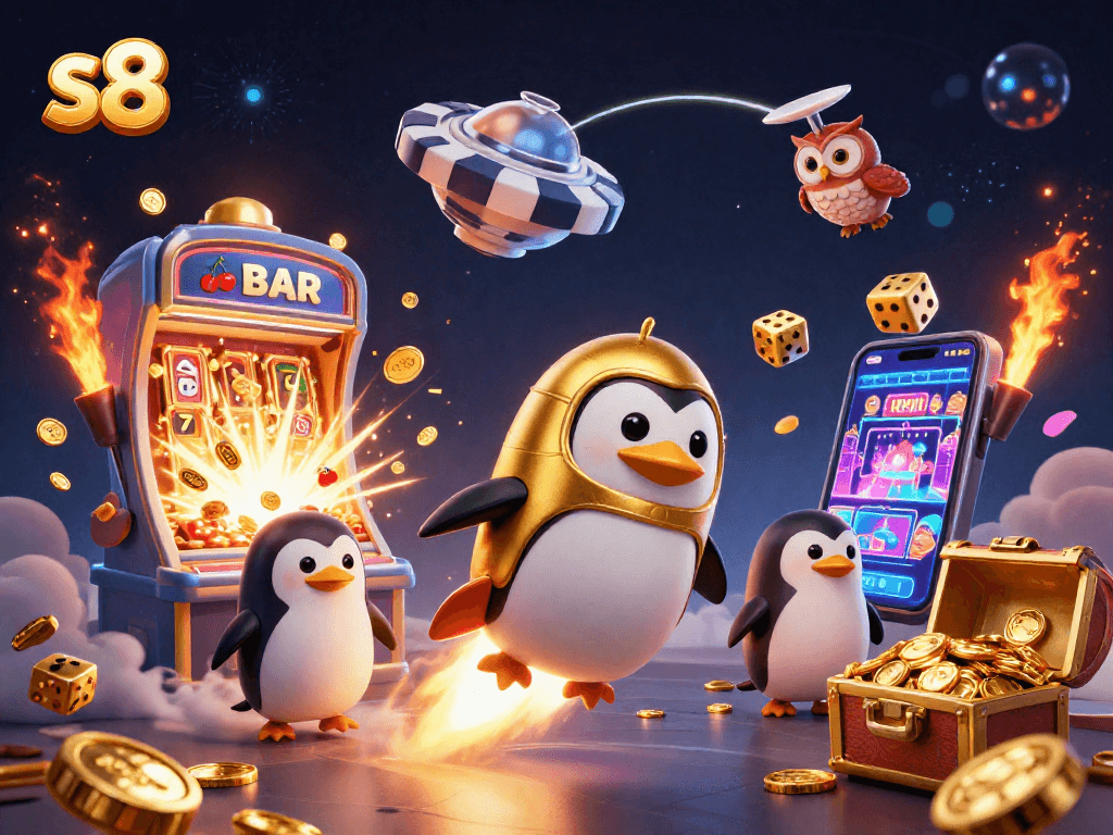 S8 casino rocket penguin blasts through space, unveiling a jackpot of casino games and rewards.