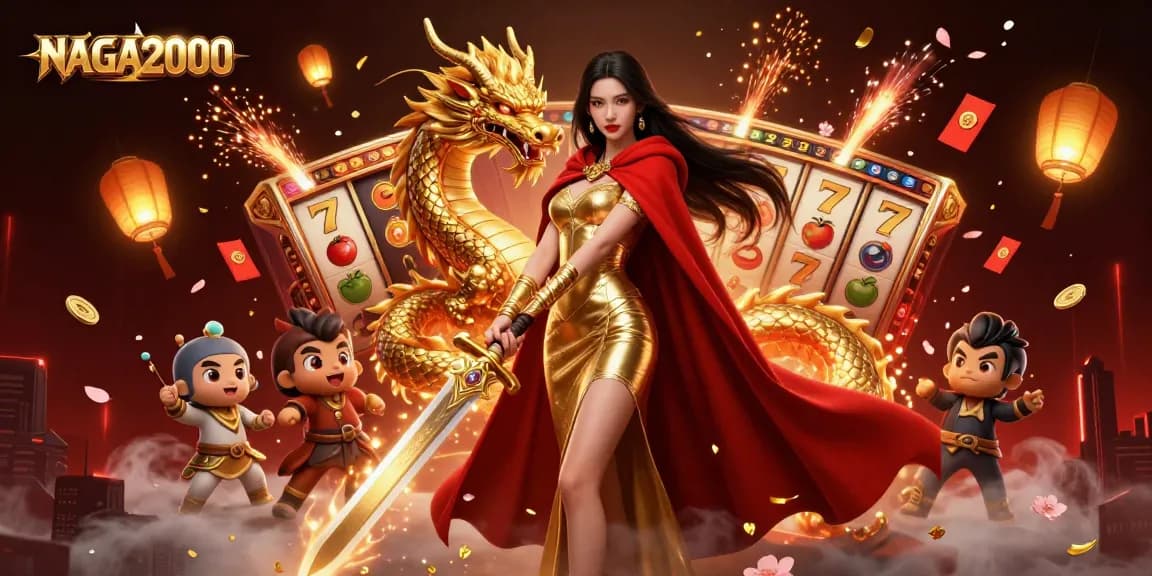 NAGA2000 menampilkan ilustrasi yang cerah dengan ratu pejuang, naga, dan gulungan slot yang berputar, meningkatkan petualangan permainan Anda.