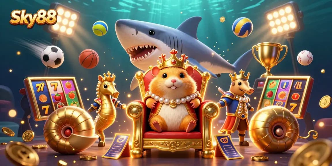 Experience thrilling games at Sky88 with a golden hamster king and dynamic casino elements.