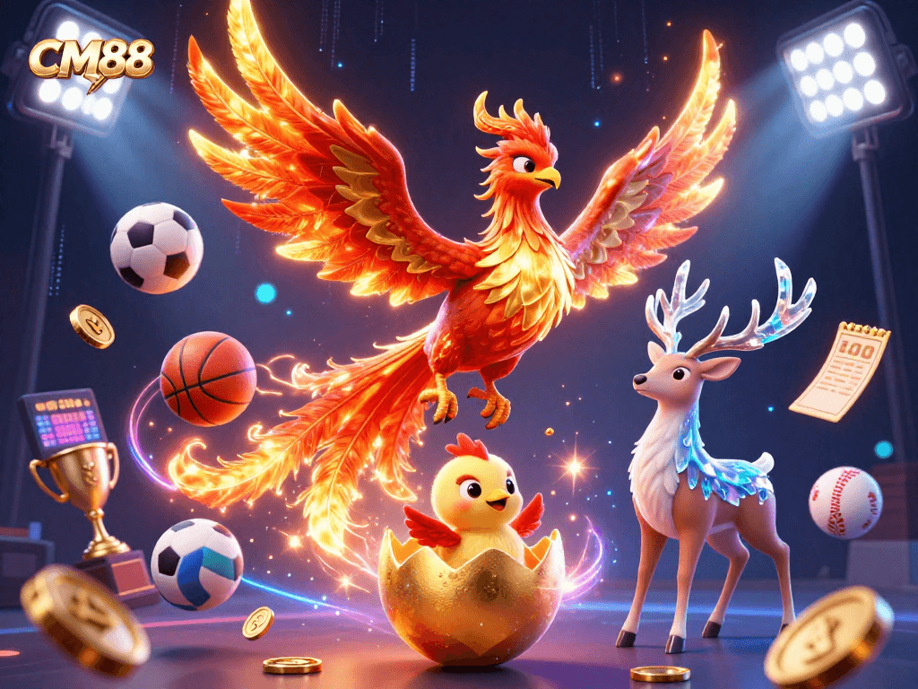 Experience the excitement of CM88 with a vibrant 3D illustration depicting sports betting action.
