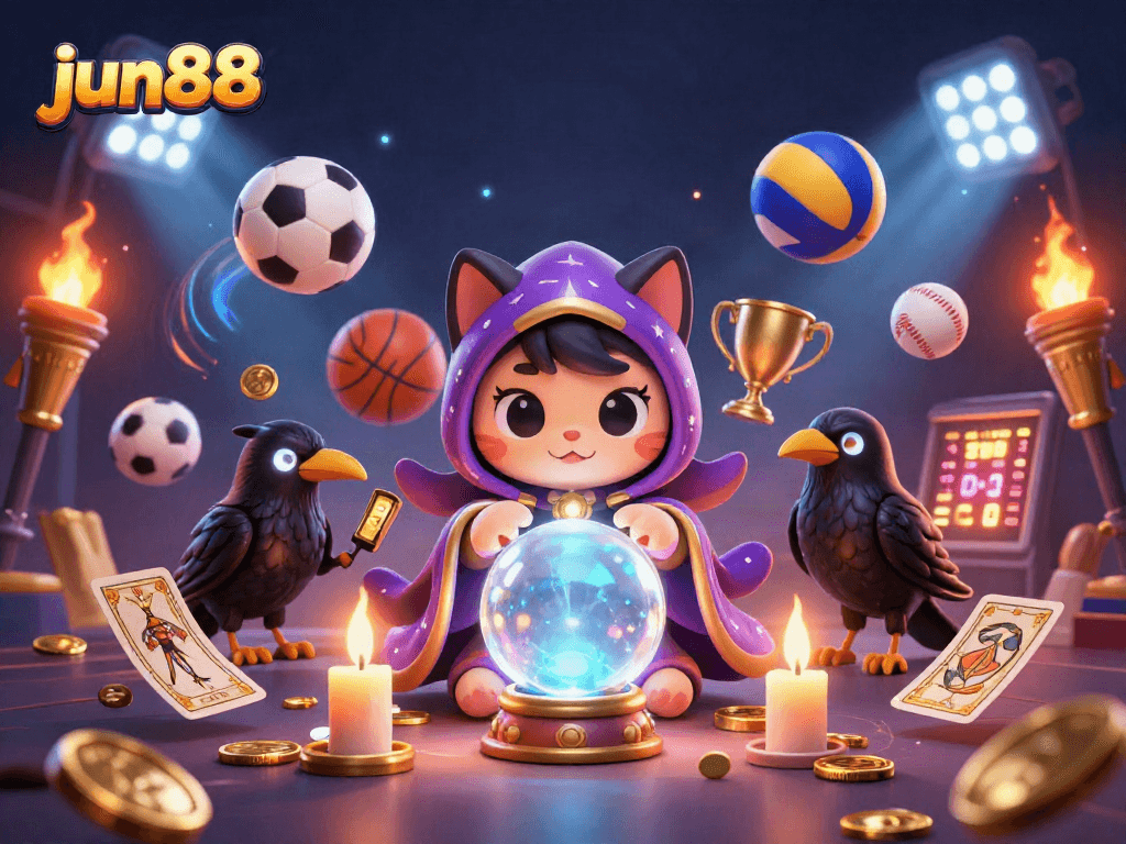 Engage with jun88's vibrant casino atmosphere, featuring fortune teller cat and tarot raven amidst dynamic sports bet elements.