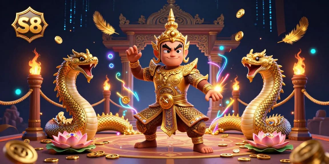 S8 offers thrilling gambling adventures with a 3D temple guardian and Naga serpents in a vibrant casino setting.