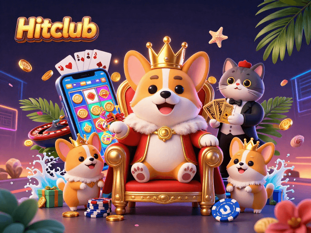Join the Hitclub experience with exciting gaming action featuring a royal corgi surrounded by vibrant casino elements.