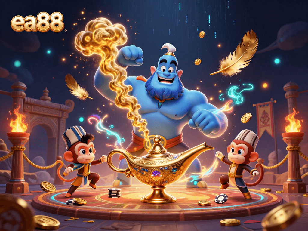 Engage with exciting ea88 gaming adventures featuring a blue genie, monkey, and magic carpet amidst vibrant casino elements.