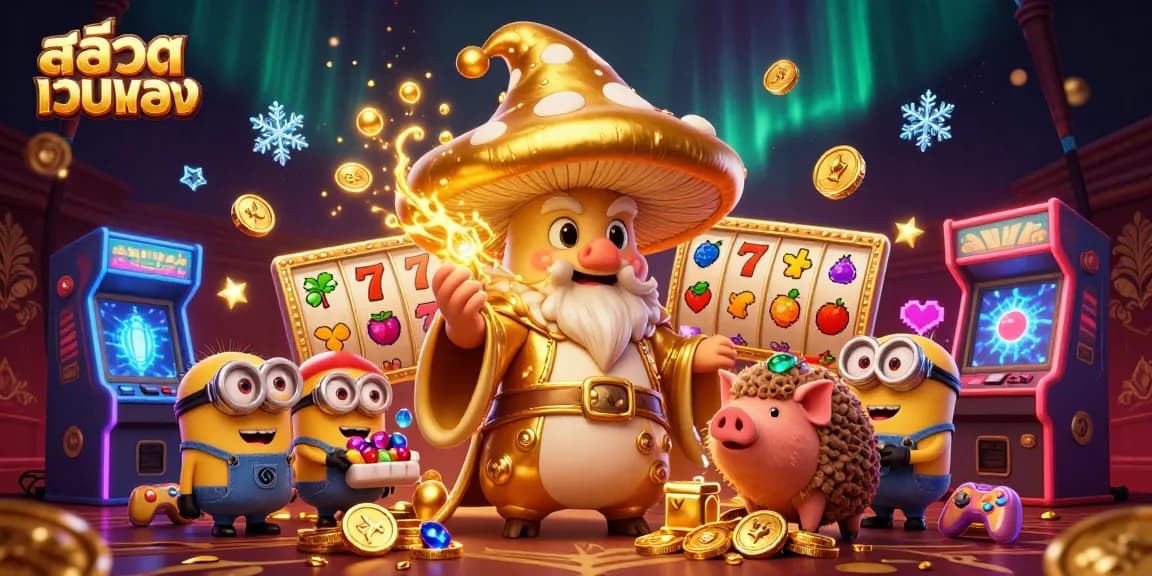 Engage in the excitement of สล็อตเว็บตรง with a vibrant golden mushroom wizard and treasure-hunting pig.
