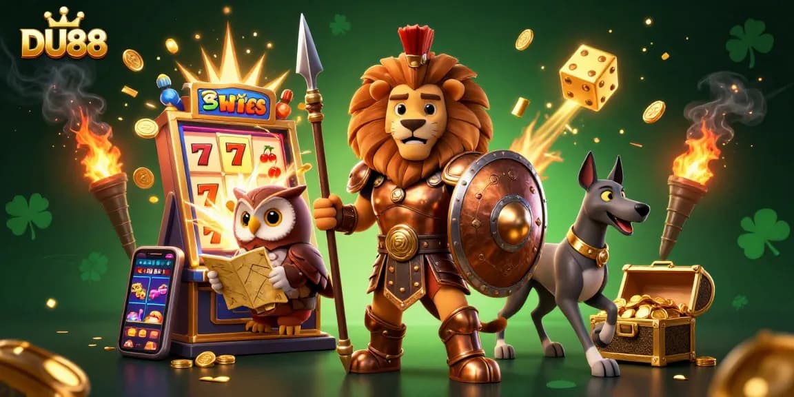 Join the excitement at DU88 with a heroic lion and treasures bursting from a slot machine!