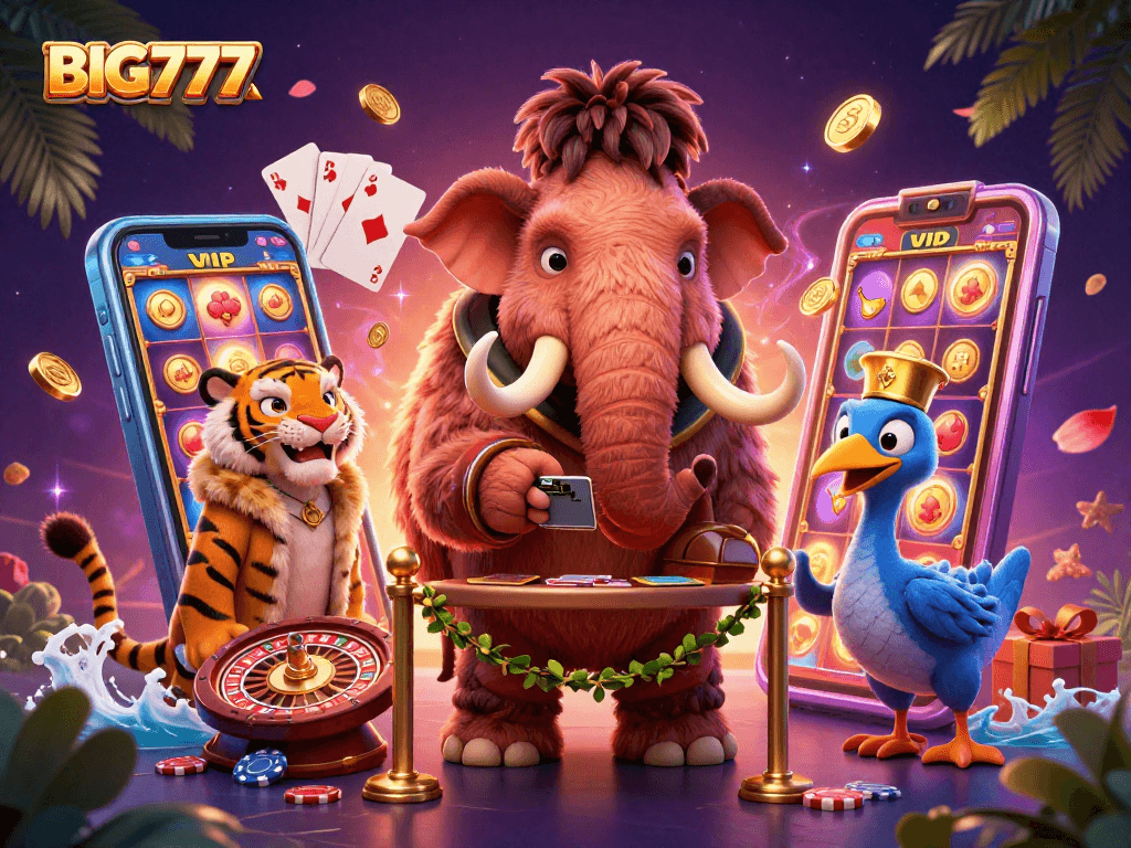Experience the vibrant energy of BIG777 with a woolly mammoth bouncer and VIP guests at an exciting casino entrance.