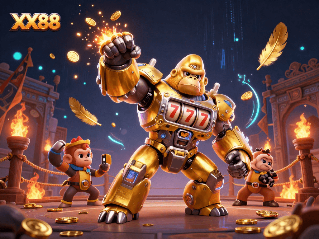 Experience the excitement of XX88 with a golden gorilla mech and dynamic casino elements.