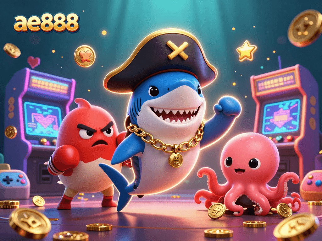 Engage with ae888 casino adventures featuring a shark, pufferfish, and octopus in a vibrant gaming scene.