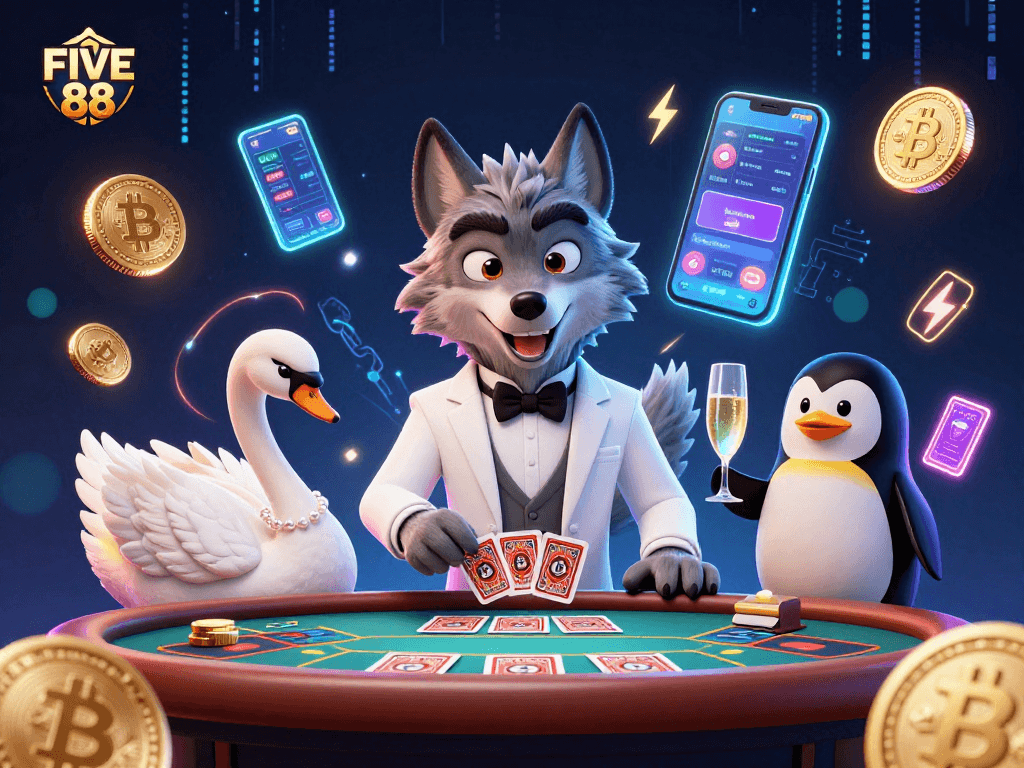 Bet and win at FIVE 88 with a charismatic wolf, graceful swan, and penguin sommelier.