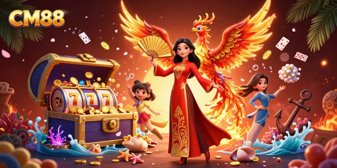 Experience the allure of CM88 Casino with this vibrant illustration showcasing dynamic slots and treasures.