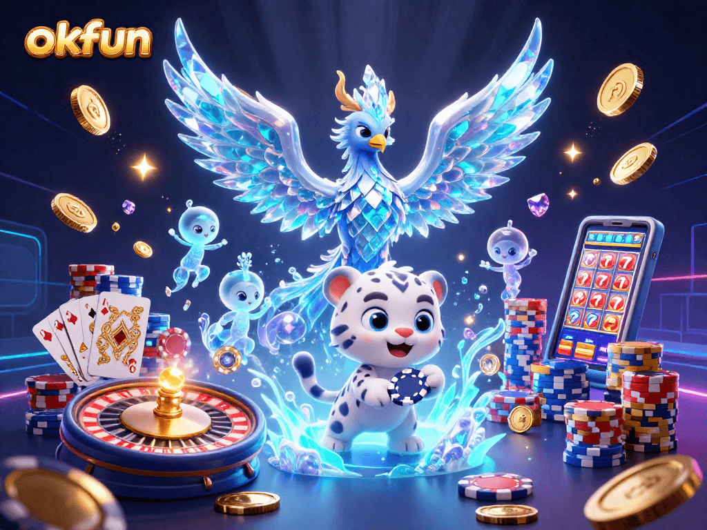 Engage with exciting casino games at okfun, featuring a vibrant illustration of winning moments.