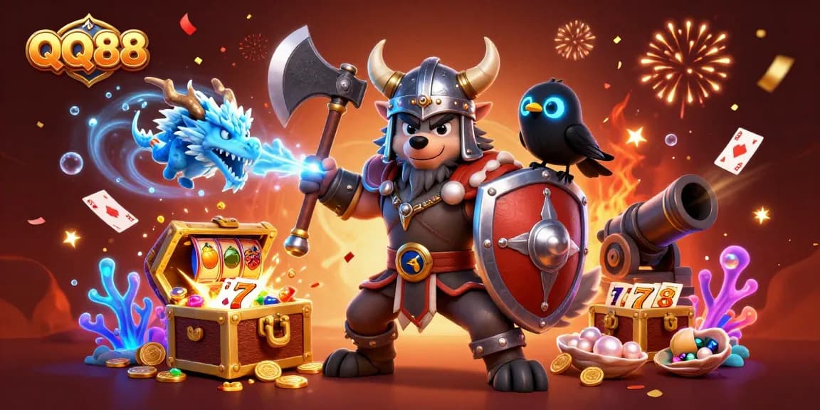 Engage in thrilling gaming adventures at QQ88 with vivid dragon, Viking warrior, and casino elements.