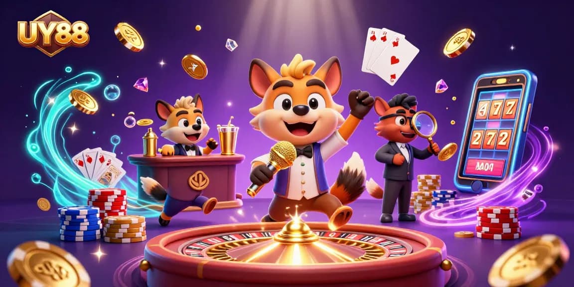 Experience the excitement of UY88 with lively hyenas in a vibrant casino scene.