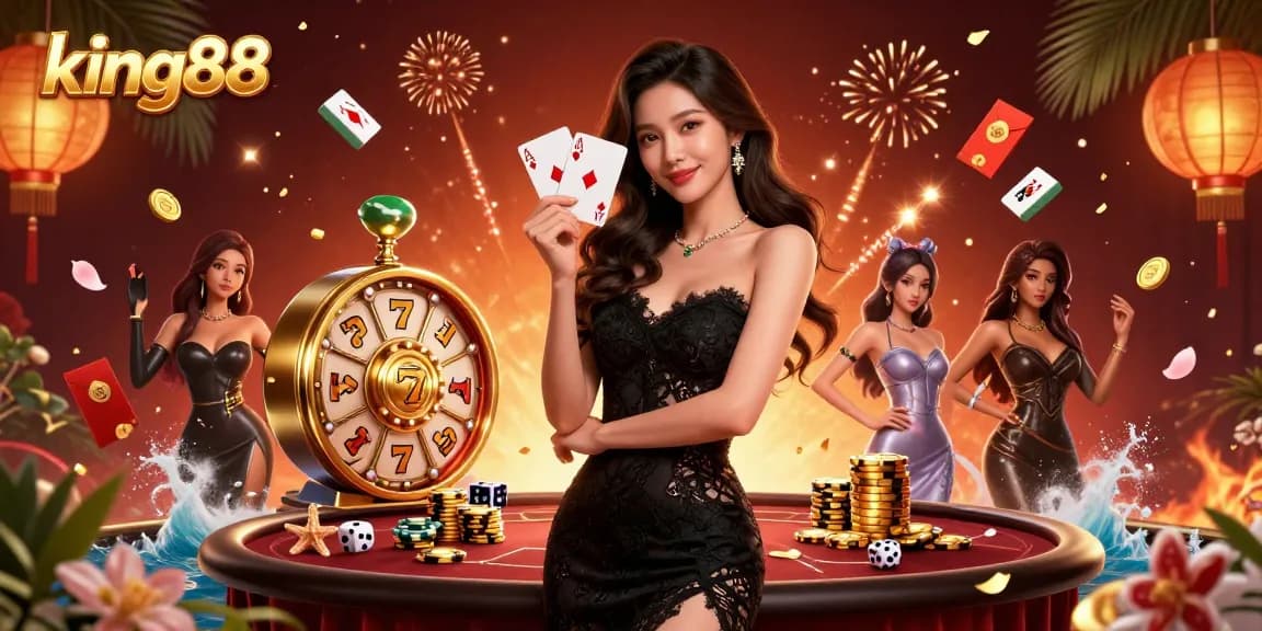 Play exciting games at king88 with vibrant visuals, showcasing a winning spirit in a dynamic casino setting.