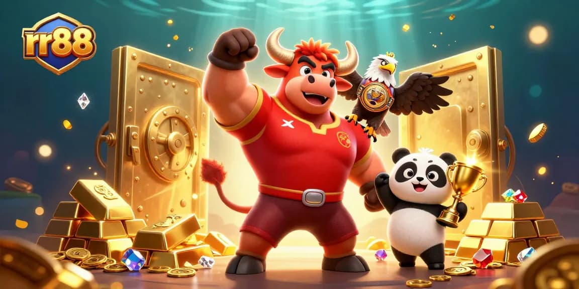 Experience thrilling wins at rr88 with a vibrant casino scene featuring a victory bull mascot.