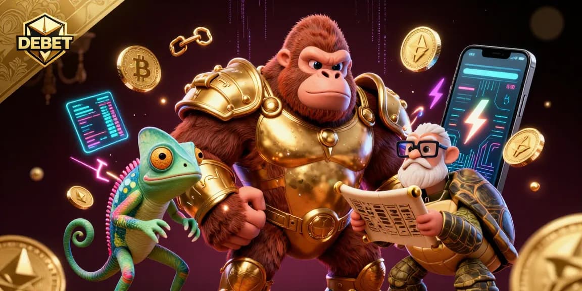 Engage with DEBET in a thrilling 3D casino scene featuring vibrant characters and digital elements.