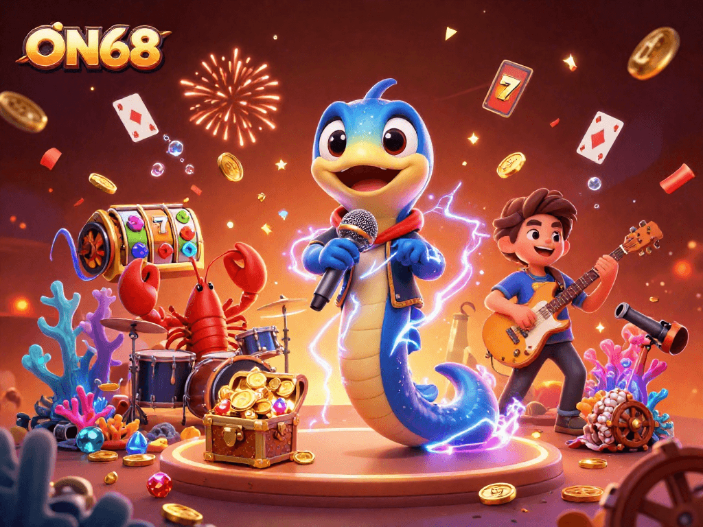 Experience thrilling gaming action at ON68 with vibrant characters and dynamic casino elements.