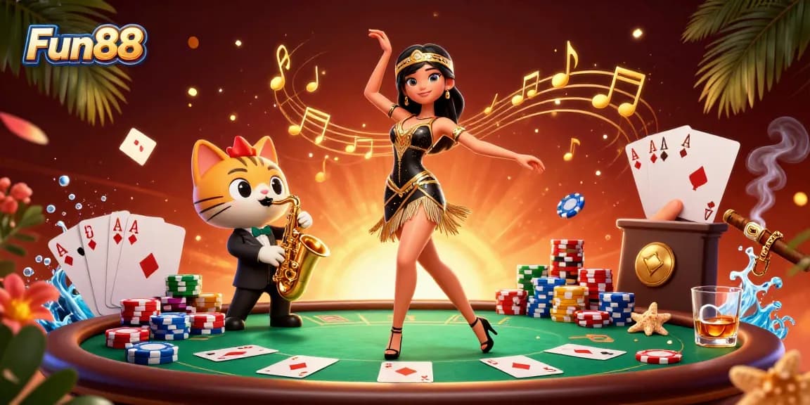 Experience the thrill of Fun88 with vibrant casino elements and entertaining characters.