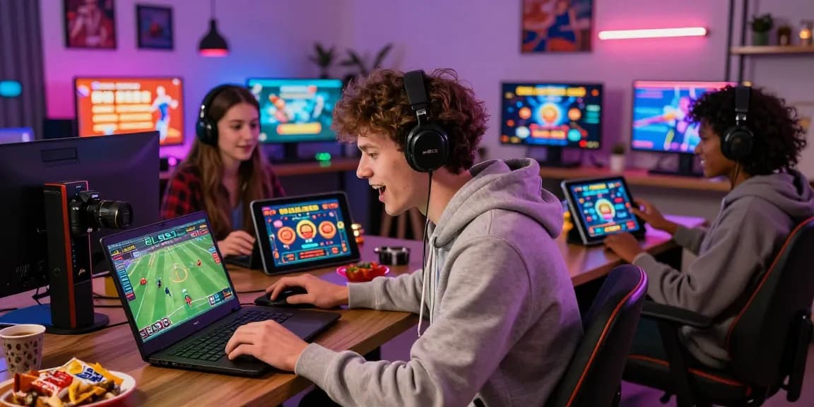 Engaged players enjoying the BL555 online gaming platform in a lively and colorful setting, showing excitement and interaction in sports betting and casino games.