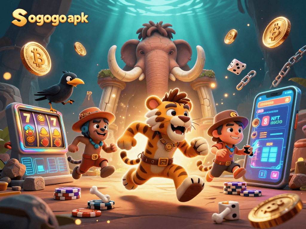 Sogogo apk provides an engaging experience with gambling elements featuring a prehistoric casino setup.