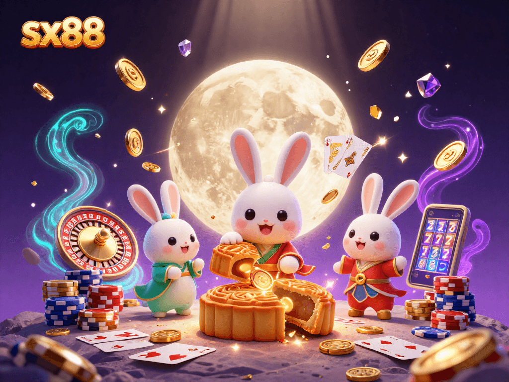 SX88 showcases high-stakes casino excitement with vibrant casino elements and playful moon characters.