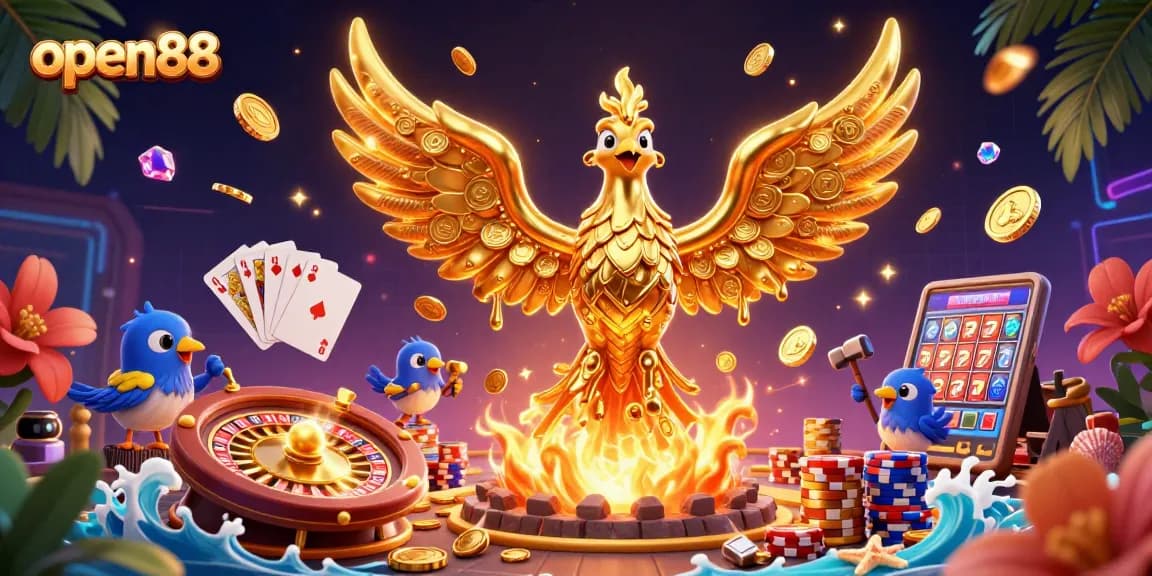 Spin the reels at open88 with a vibrant illustration of a golden phoenix and dynamic casino elements.