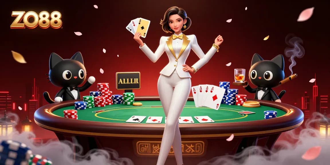 Engage with ZO88 in this vibrant casino scene featuring glamorous elements and dynamic poker action.