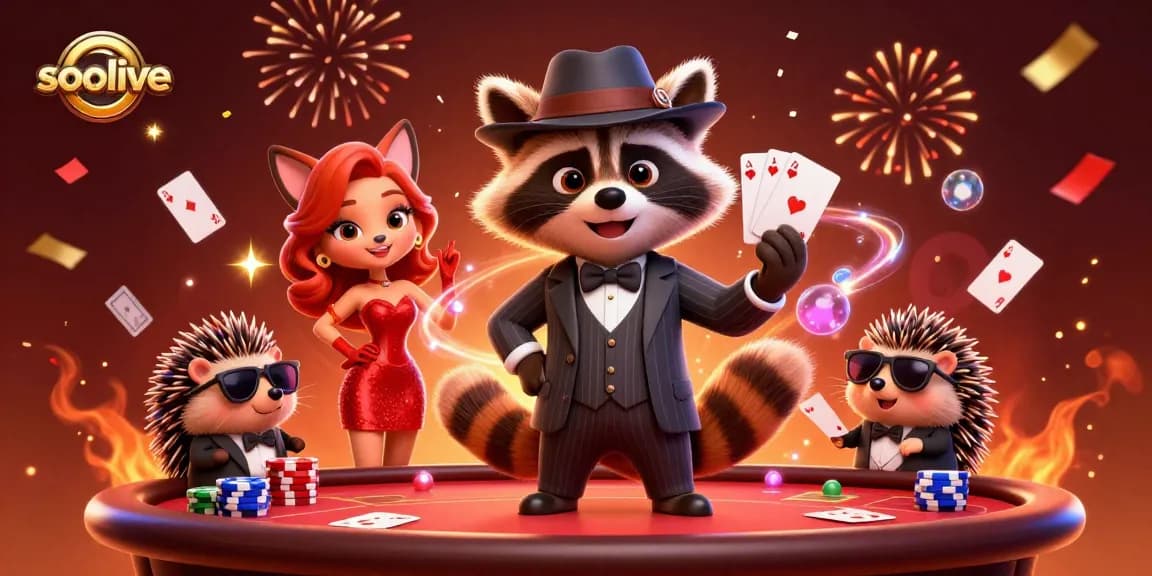 Socolive delivers thrilling poker action as a suave raccoon flaunts a royal flush amid celebratory casino elements.