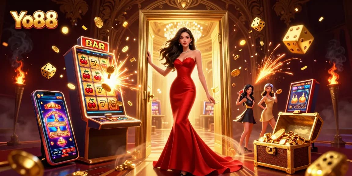 Experience excitement at Yo88 Casino with vibrant slot themes and a stunning Asian hostess.