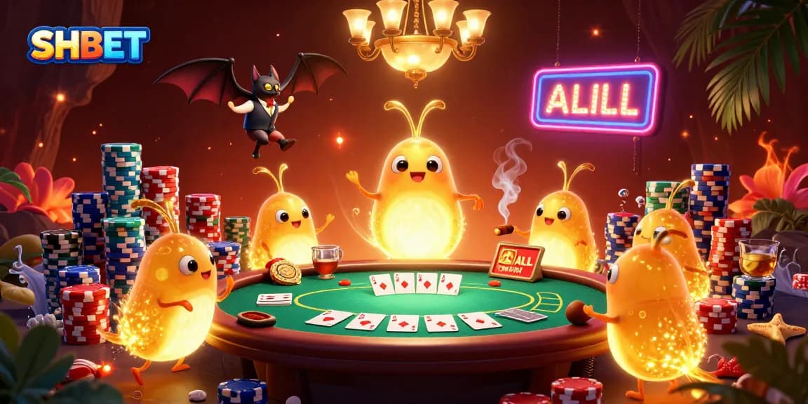 Engage in thrilling gameplay with SHBET's vibrant casino scene, where glowworms illuminate a lively poker night.
