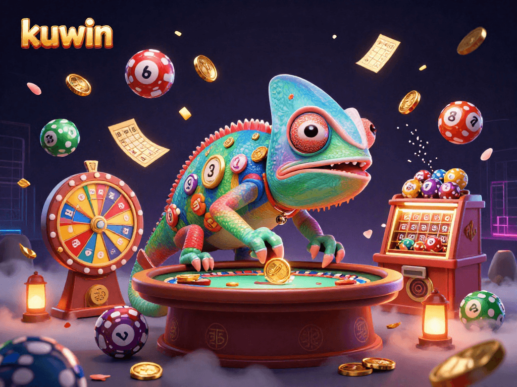 Kuwin chameleon casino owner catching golden coins in a dynamic gambling scene.