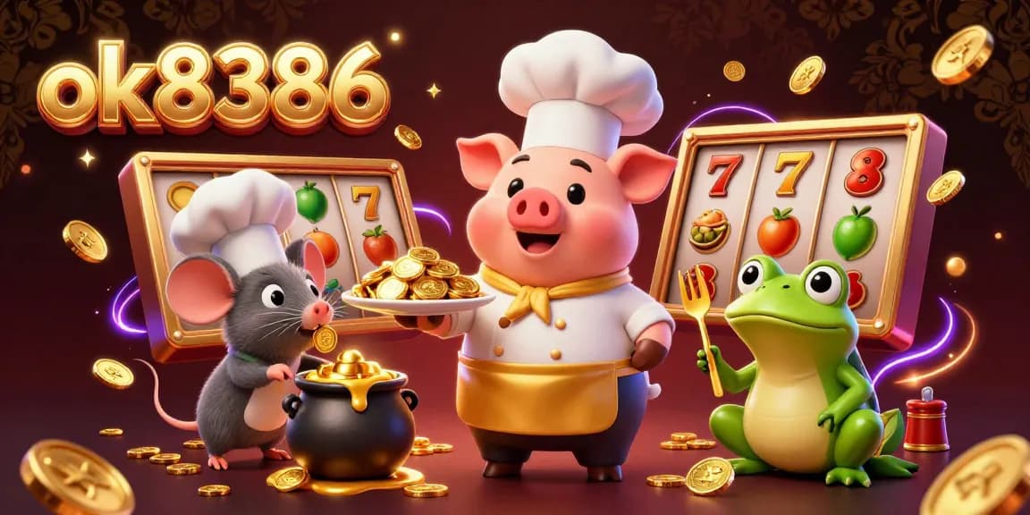 Engaging illustration of ok8386's vibrant casino environment filled with gold coins and dynamic slot elements.