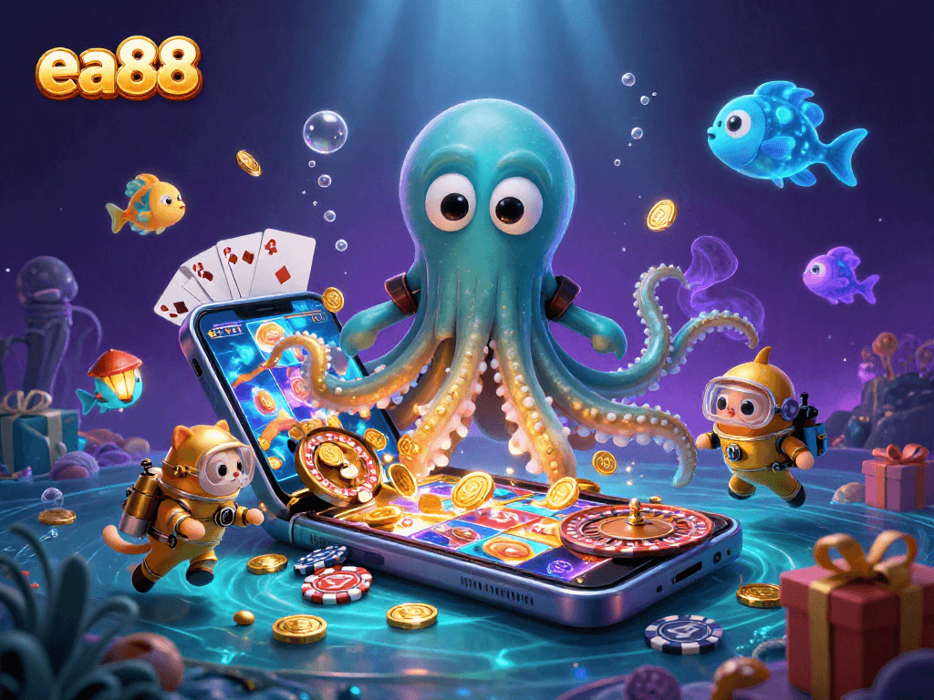 Experience thrilling gaming with ea88, featuring an epic kraken, diving cat, and immersive casino elements.