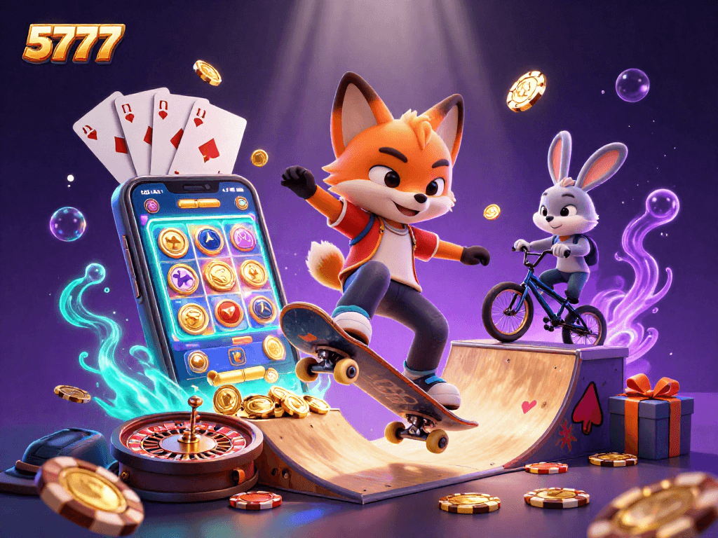 Experience the thrill of 5777 with a vibrant 3D cartoon scene showcasing a skateboarder fox and BMX rabbit amidst casino games.