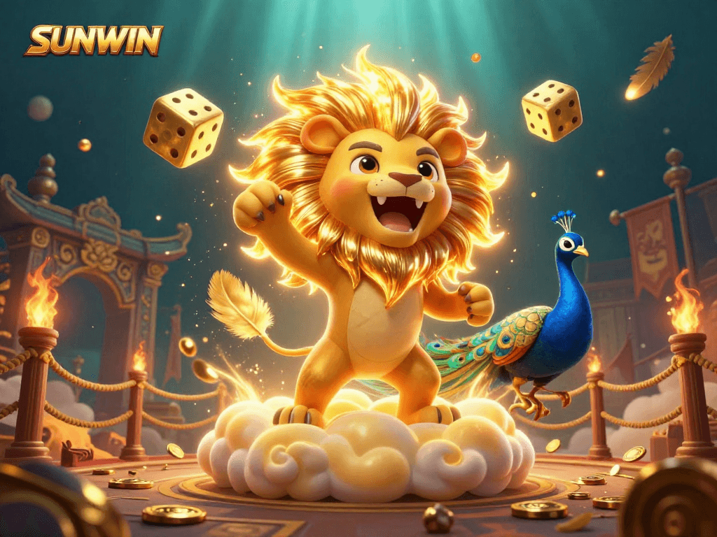 SUNWIN offers a vibrant online casino experience, showcasing a sun lion celebrating jackpot wins with dynamic 3D elements.