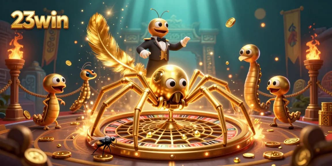 Experience the thrilling bets of 23win in a vibrant casino scene with golden elements and characters.