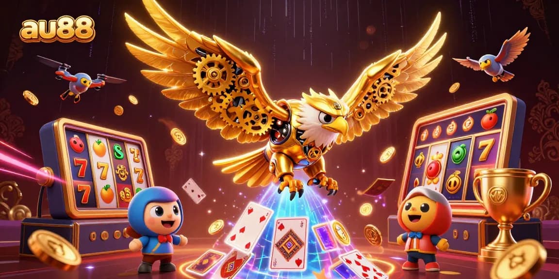 Experience thrilling wins at au88 with golden eagle soaring through slot reels and gaming elements.
